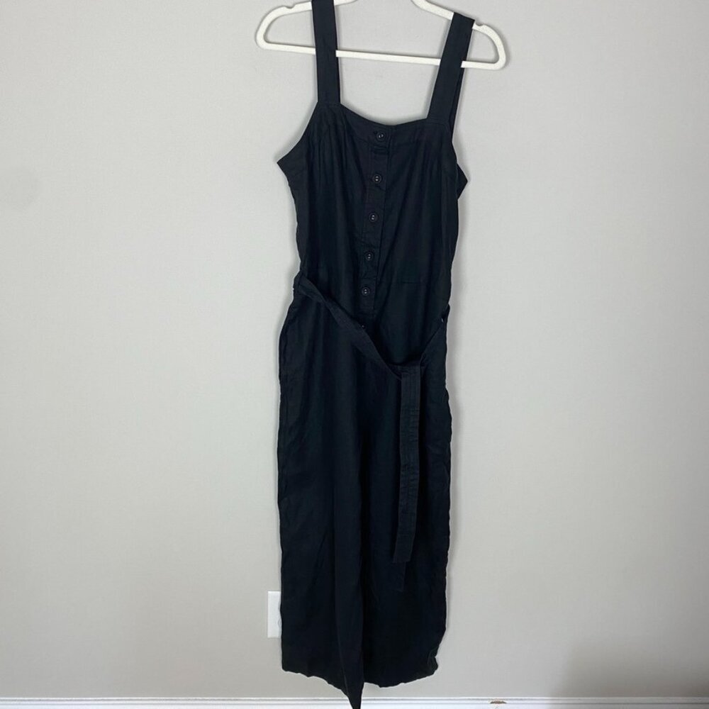 Everlane Linen Picnic Jumpsuit Black Womens 8 Tie Waist button Front